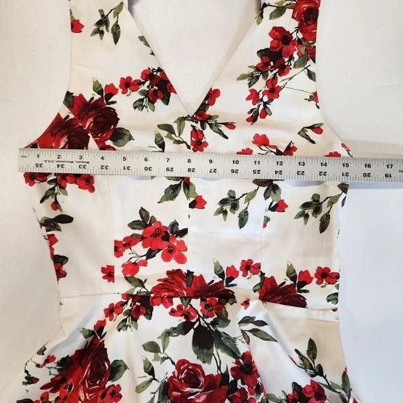 Eva Rose White And Red Rose Floral Fit And Flare Pinup Back-Tie Dress Size M - Picture 10 of 12